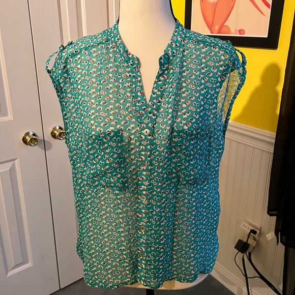 Button-Up Blouse Teal Turquoise Spot Spotted Pattern Patterned Multicolor Medium - Picture 2 of 4